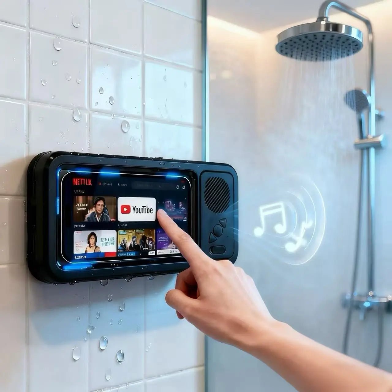 Waterproof Box Speaker, Bathroom Waterproof 360 Â° Rotating Touch Screen, Bluetooth Speaker, Watch Movies, Listen to Music, Phone Holder Bluetooth Speaker Audio Shower TV Holder, Swimming Pool, Kitchen, Bathroom, Sink, Rechargeable Waterproof Speaker - The Sojourning E-merchant
